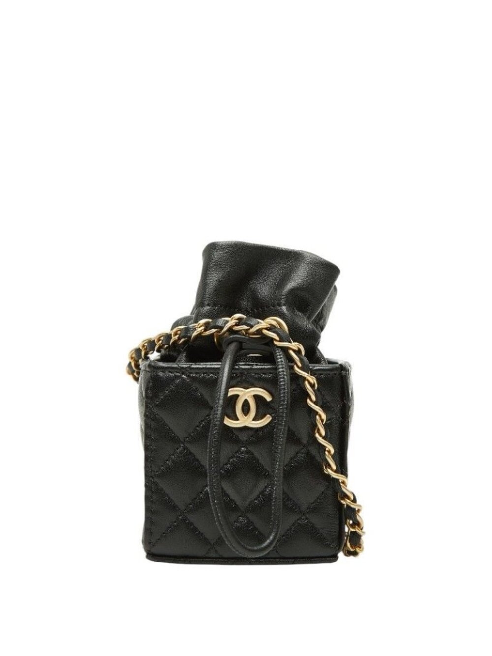 Chanel Quilted CC Logo Mini Drawstring Crossbody Chain Shoulder Bag Black